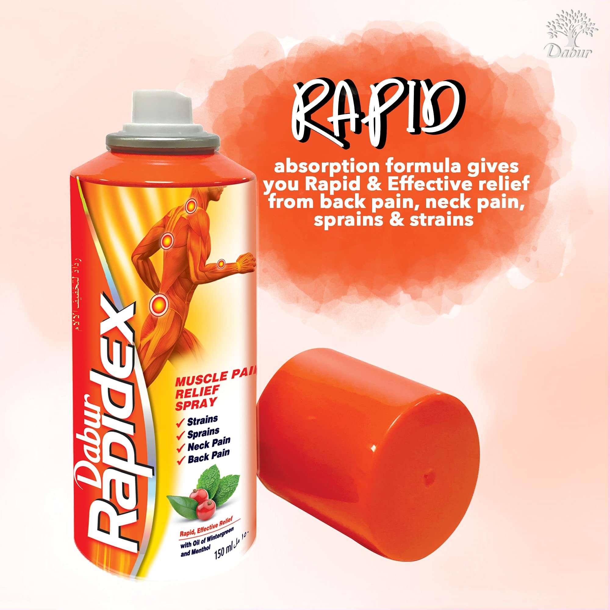 Dabur RapideX aerosol can with orange cap and muscle diagram on label for muscle and joint pain relief spray