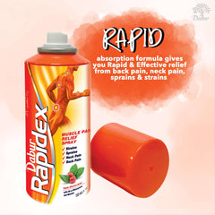 Dabur RapideX aerosol can with orange cap and muscle diagram on label for muscle and joint pain relief spray