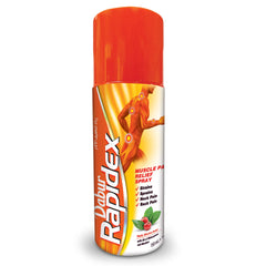 Dabur Rapidex orange spray can with illustrated human and highlighted joints muscle and joint pain relief spray