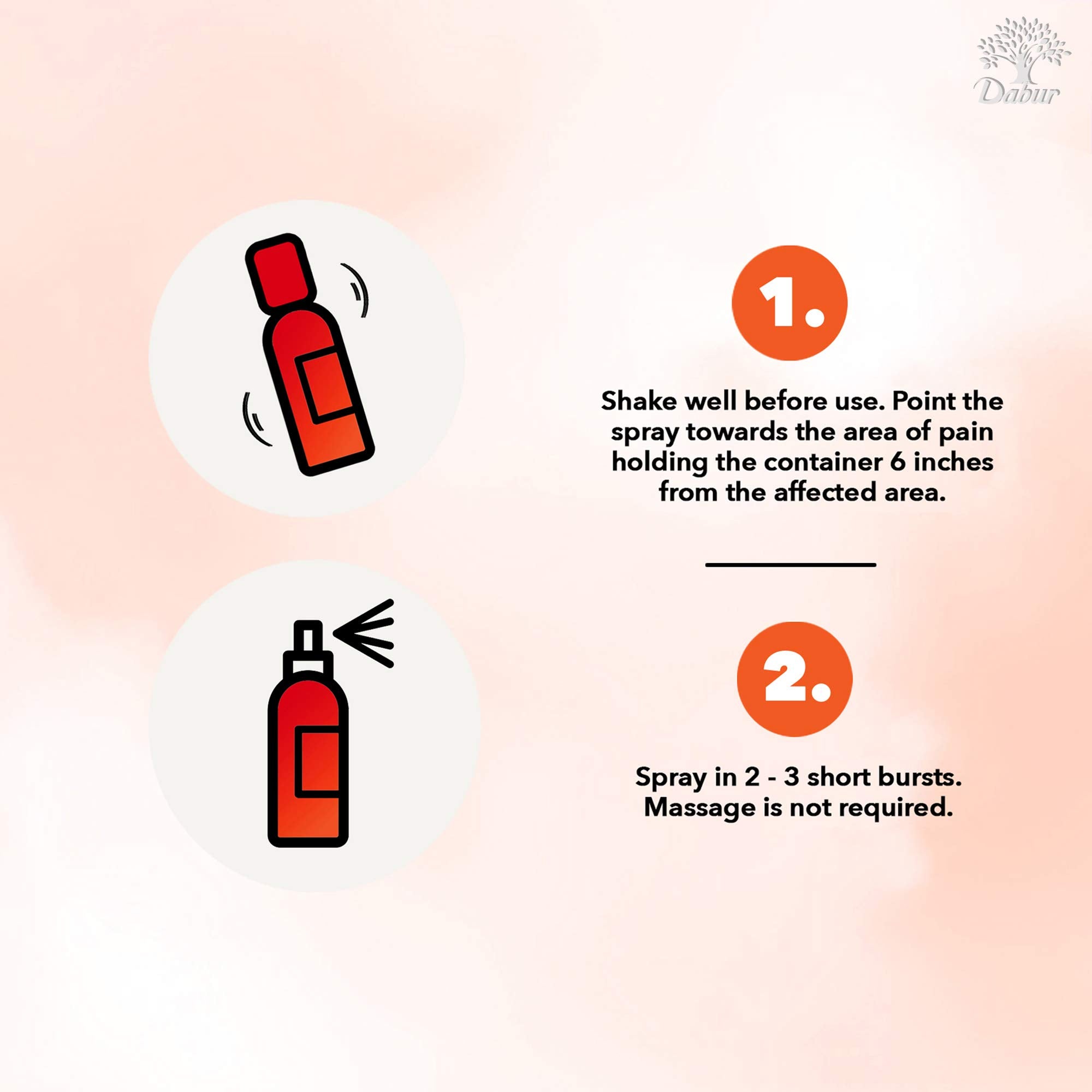 Dabur muscle and joint pain relief spray showing shake bottle then spray in 2 to 3 short bursts hold 6 inches