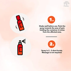 Dabur muscle and joint pain relief spray showing shake bottle then spray in 2 to 3 short bursts hold 6 inches
