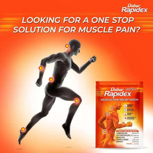 Muscle pain relief patch box with Dabur Rapidex branding and circular feature icons