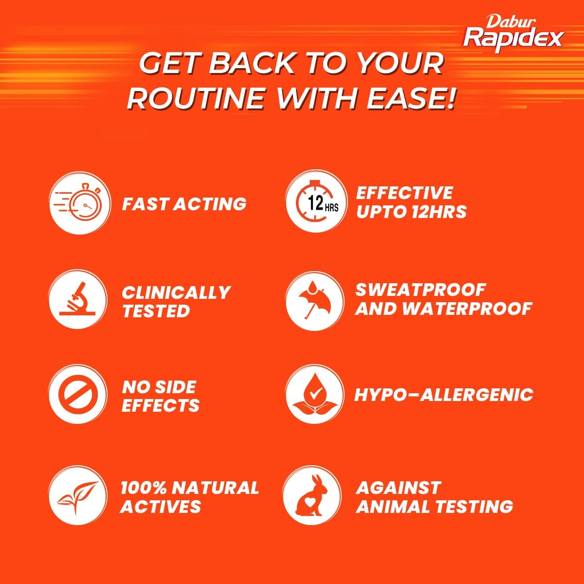 Dabur Rapidex product icons showing fast acting 12hr natural hypoallergenic benefits muscle pain relief patch UAE