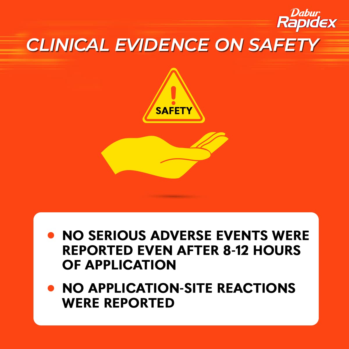 Dabur Rapidex clinical safety graphic for muscle pain relief patch UAE stating no adverse events