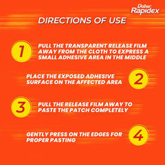 Dabur Rapidex directions of use poster showing four steps to apply muscle pain relief patch UAE on affected area