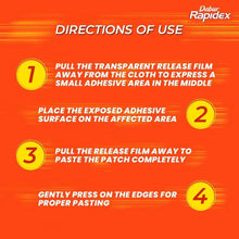 Muscle pain relief patch directions infographic with steps 1–4