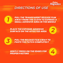 Dabur Rapidx orange directions of use graphic showing four numbered steps to apply muscle pain relief patch UAE