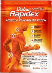 Dabur Rapidex muscle pain relief patch UAE packaging orange box showing muscle diagram and benefits