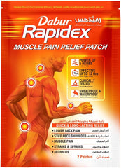 Dabur Rapidex muscle pain relief patch UAE packaging orange box showing muscle diagram and benefits