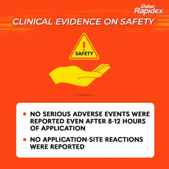 Dabur Rapidex safety poster with warning icon and text stating no adverse events after 8 to 12 hours muscle pain relief patch UAE