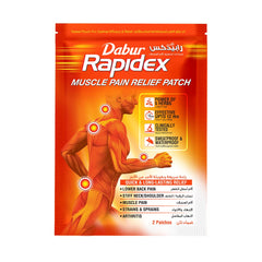 Dabur Rapidex muscle pain relief patch UAE packaging showing orange figure with targeted pain points