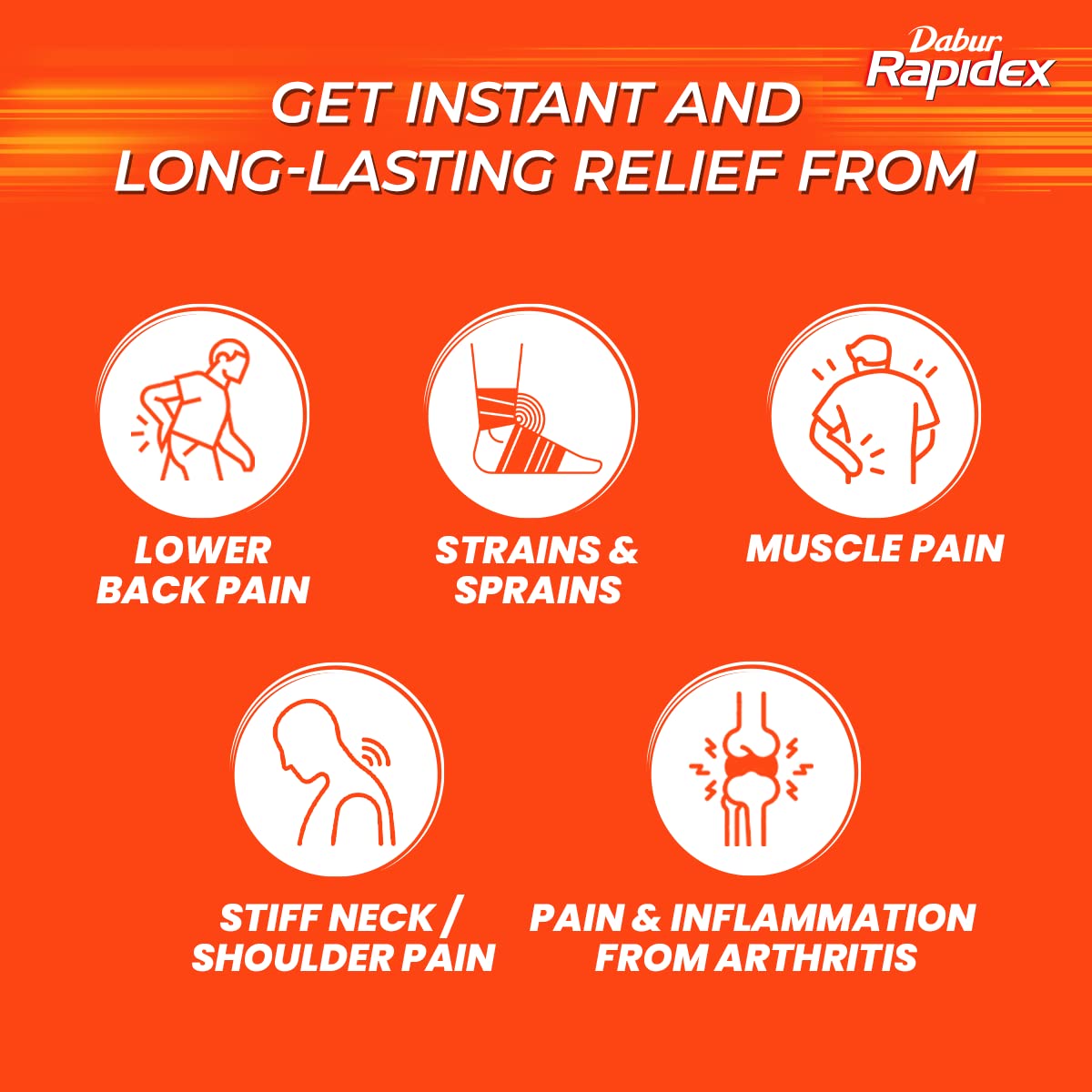 Dabur Rapidex ad with icons for lower back pain strains sprains stiff neck and arthritis pain muscle pain relief patch UAE