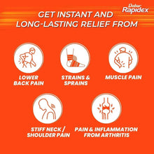 Muscle pain relief patch infographic with use-case icons and Dabur Rapidex logo