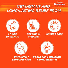 Dabur Rapidex graphic showing relief for lower back strains sprains stiff neck and arthritis muscle pain relief patch UAE