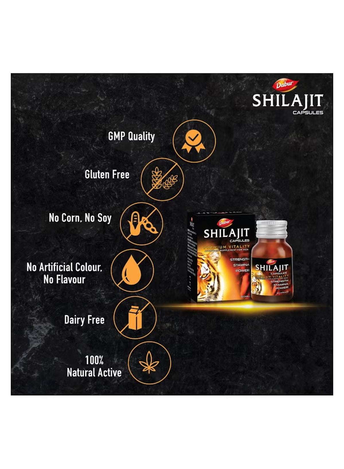 Dabur Shilajit capsules for men UAE with GMP quality, gluten free, no artificial colors, and 100% natural active ingredients
