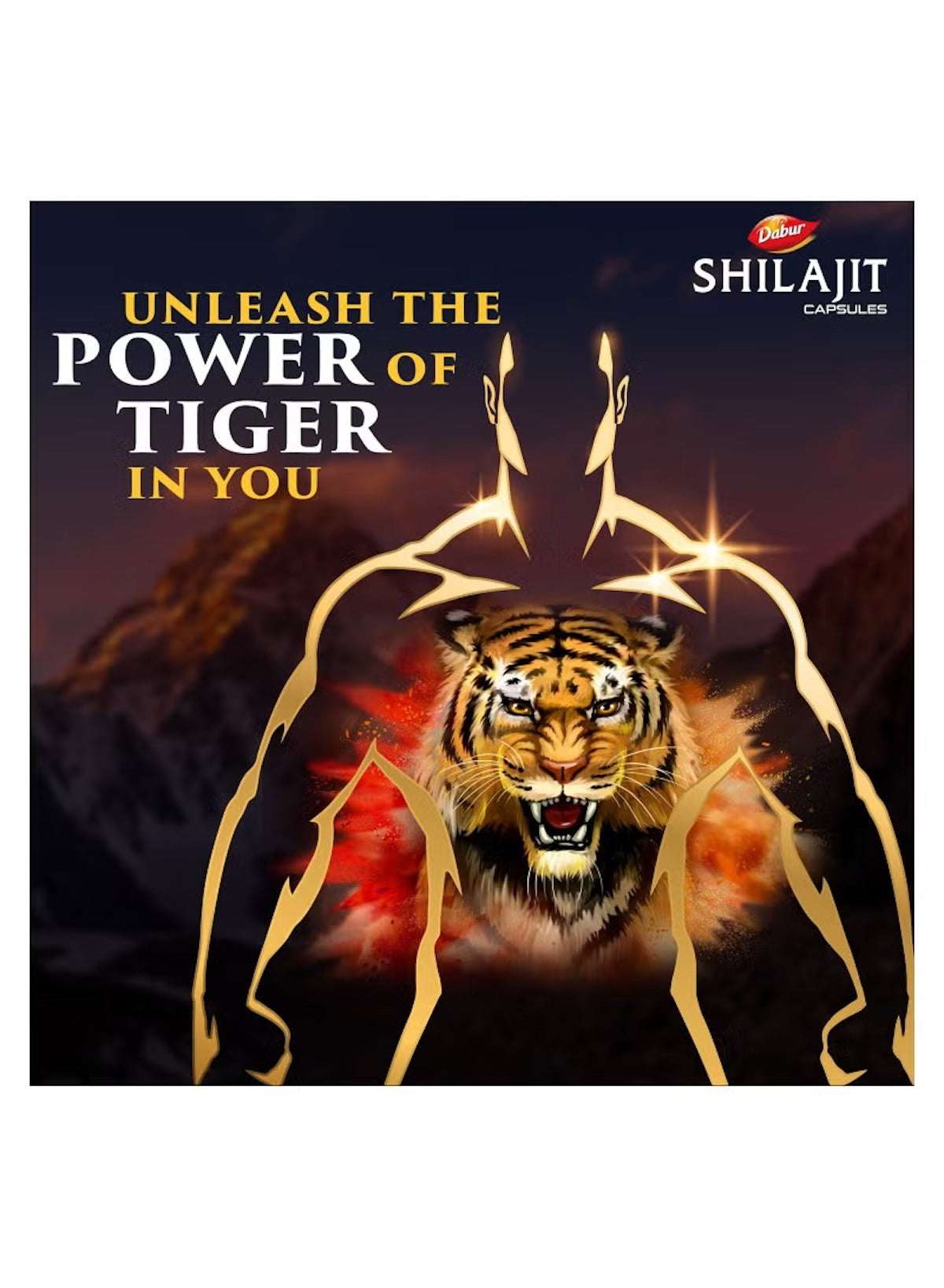 Dabur Shilajit capsules for men UAE with tiger imagery promoting vitality and strength