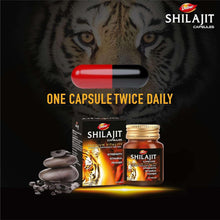 Dabur Shilajit capsule and supplement bottle with tiger label