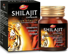 Dabur Shilajit capsules supplement bottle and carton, tiger-themed design