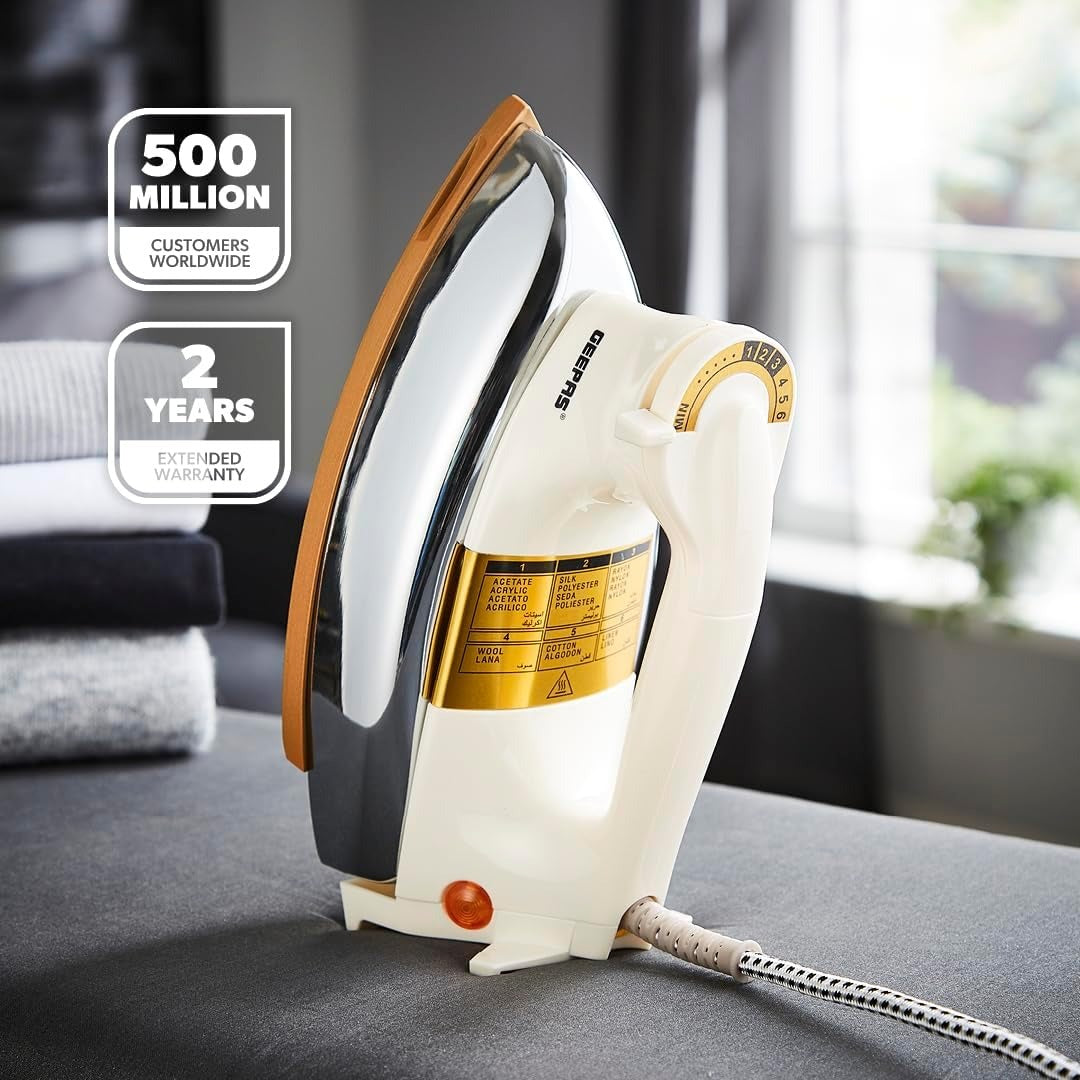 Geepas Automatic Dry Iron- GDI23011| Iron Box with Temperature Settings Dial and Auto Shut Off Function|Suitable for All Kinds of Fabric|7 Years Warranty, White and golden