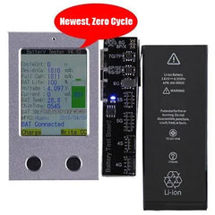 Mumzar battery tester with test board and iPhone 13 Pro Max replacement battery showing capacity readout