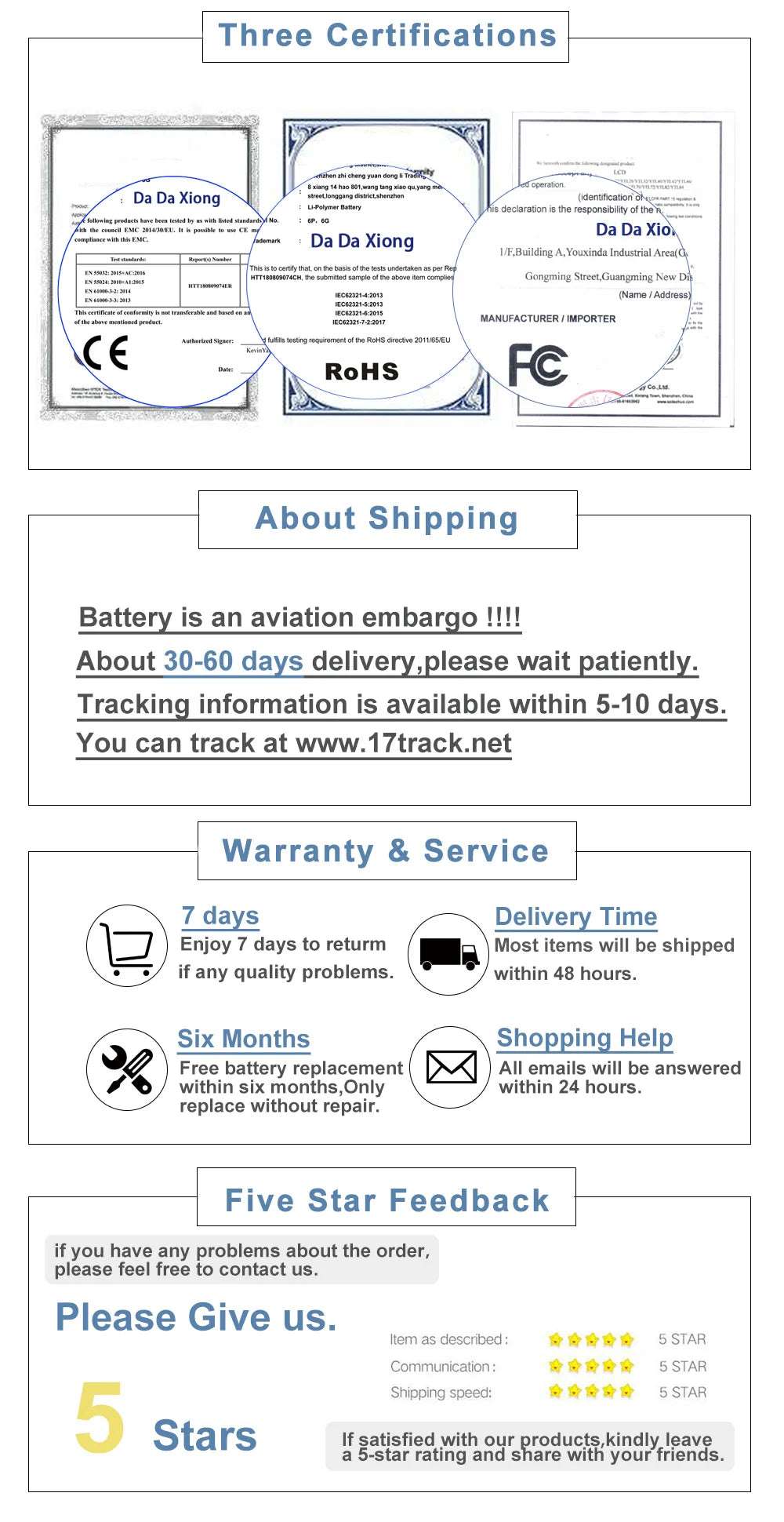 Mumzar infographic showing certifications shipping warranty and five star feedback for iPhone 13 Pro Max replacement battery