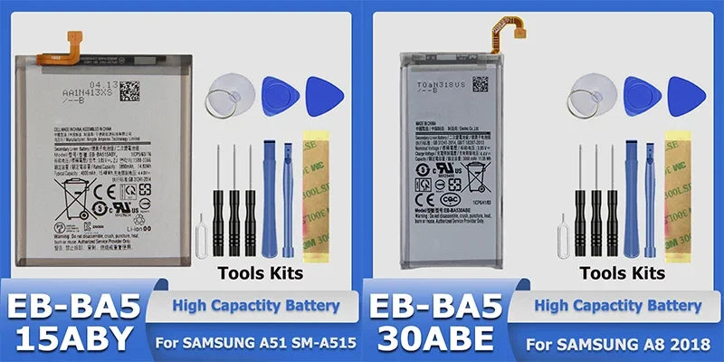 Mumzar Samsung Galaxy A series replacement battery kit showing two EB BA5 batteries with prying tools for A51 and A8
