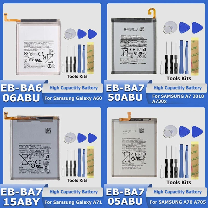 Mumzar collage of four replacement batteries with pry tools and screwdrivers Samsung Galaxy A series replacement battery