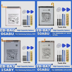 Mumzar collage of four replacement batteries with pry tools and screwdrivers Samsung Galaxy A series replacement battery