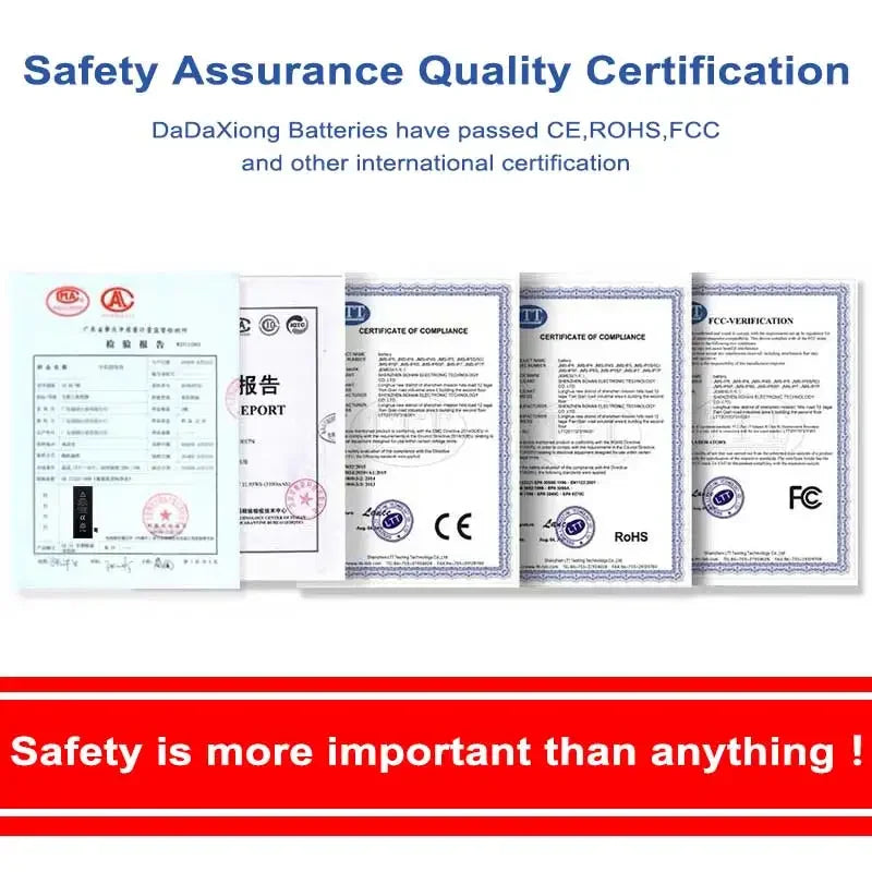 Mumzar Samsung Galaxy A series replacement battery safety and quality certification display showing CE RoHS FCC certificates