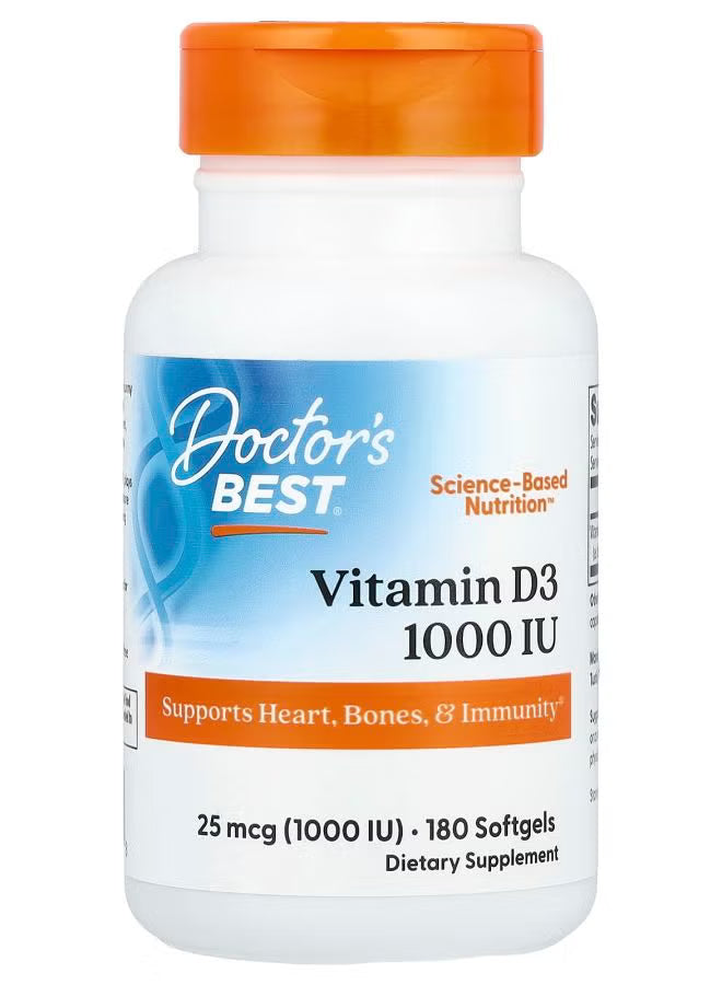 Vitamin D3 1000 IU softgels bottle, orange cap, 180 softgels.