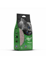 Cat litter bag with gray cat graphic, green packaging, standing pouch