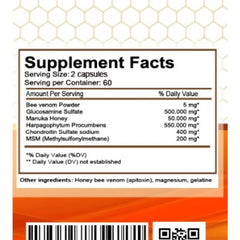 Mumzar Bee Venom Extract for Arthritis Pain supplement facts label with dosage information