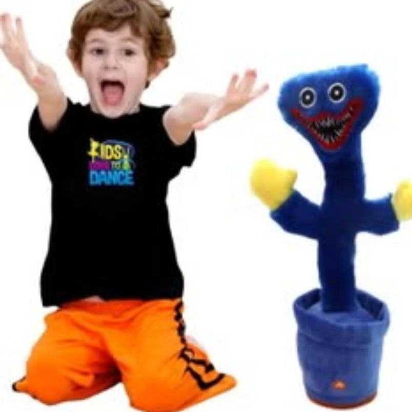 Child playing with Huitich dancing blue cactus toy with yellow arms in a blue pot