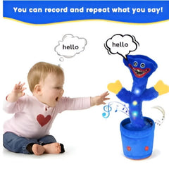 Dancing blue cactus toy with lights and sound interacting with a baby saying hello