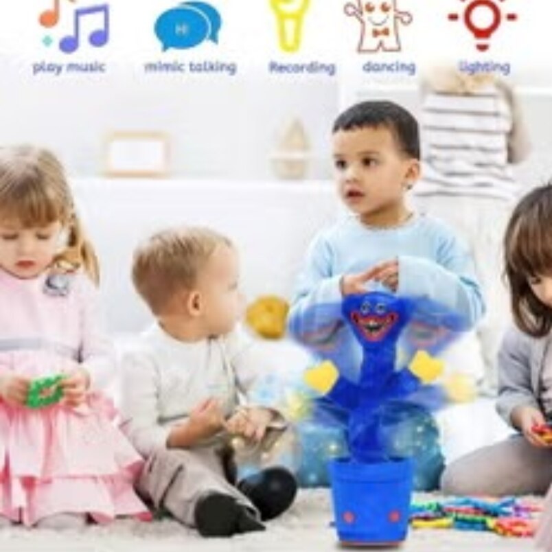 Huitich dancing blue cactus toy entertaining children with music and lights in a playroom