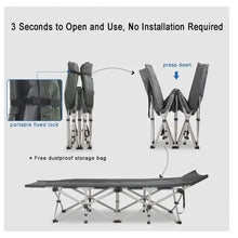 Foldable camp cot with dark gray padded mattress and crossed folding support frame