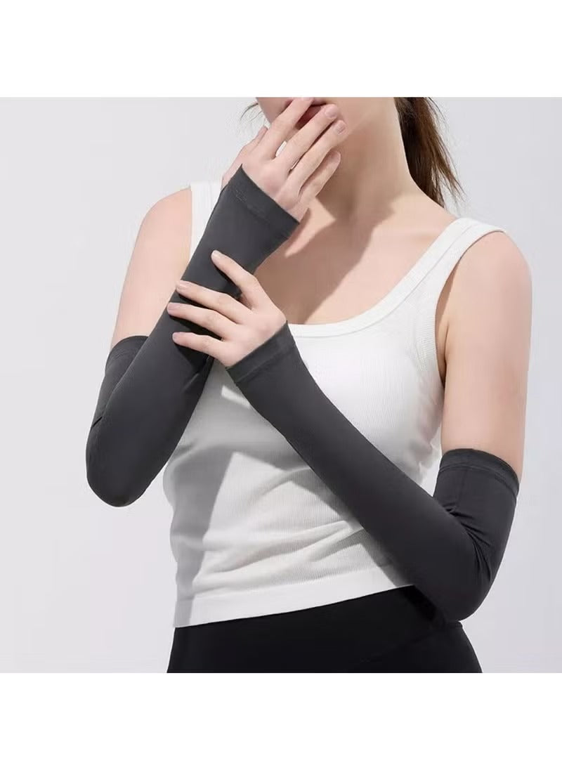 Huitich black ice silk UV protection sleeves worn on arms with finger holes for sun protection