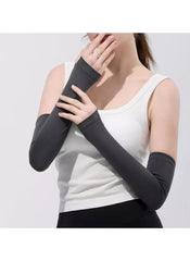 Huitich black ice silk UV protection sleeves worn on arms with finger holes for sun protection