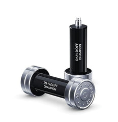 Davidoff Champion for men fragrance bottle designed like black and silver dumbbells