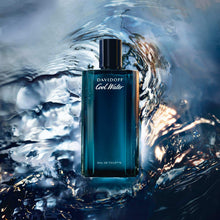 Teal eau de toilette bottle with black cap surrounded by water splashes