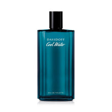 Blue eau de toilette bottle with black cap and printed label