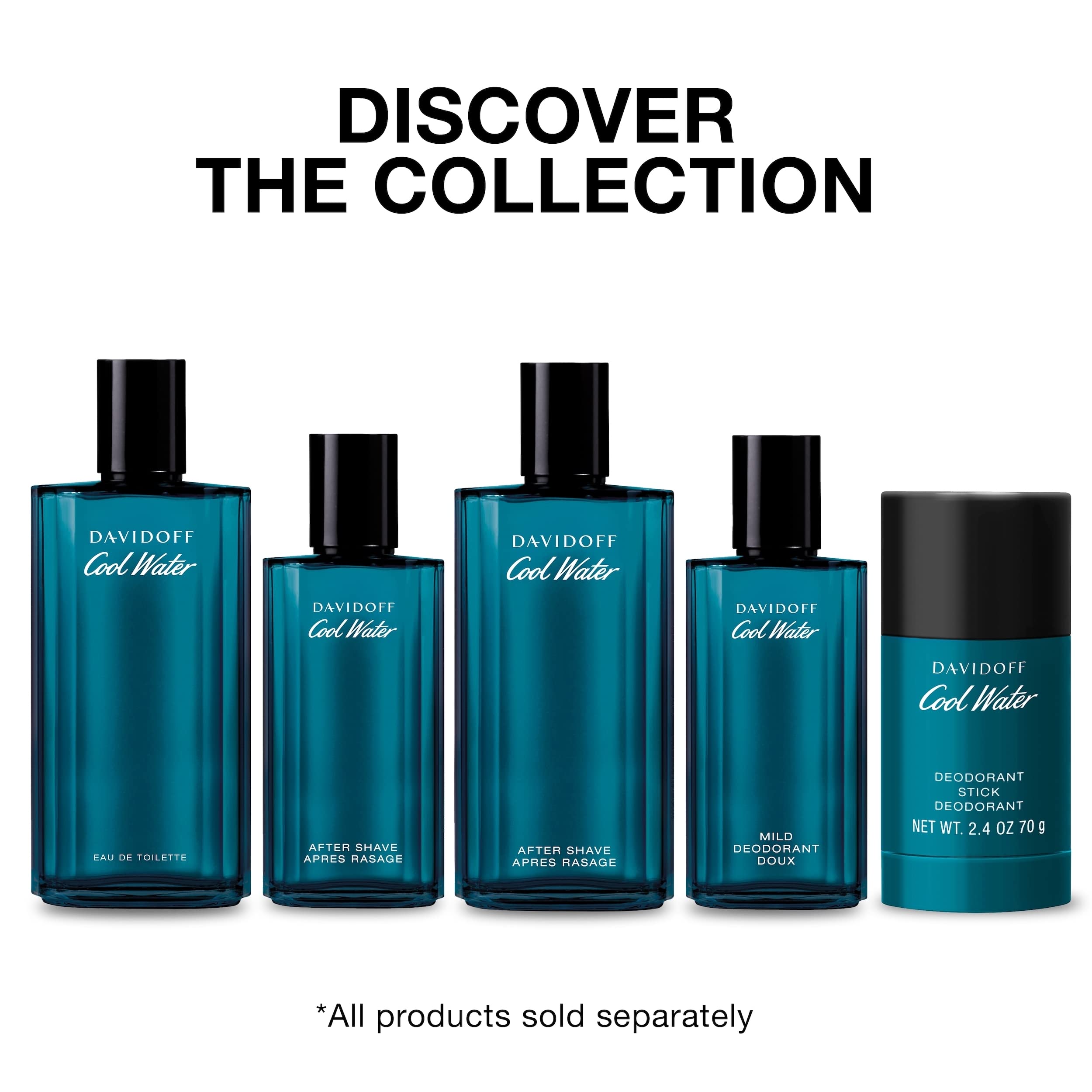 Davidoff Cool Water for men fragrance and deodorant collection with blue bottles and black caps