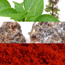 Green leaves, stones, and red powder for perfume notes