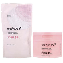 Medicube PDRN pink collagen toning gel toner pad set, pink and clear packaging, 70 pads
