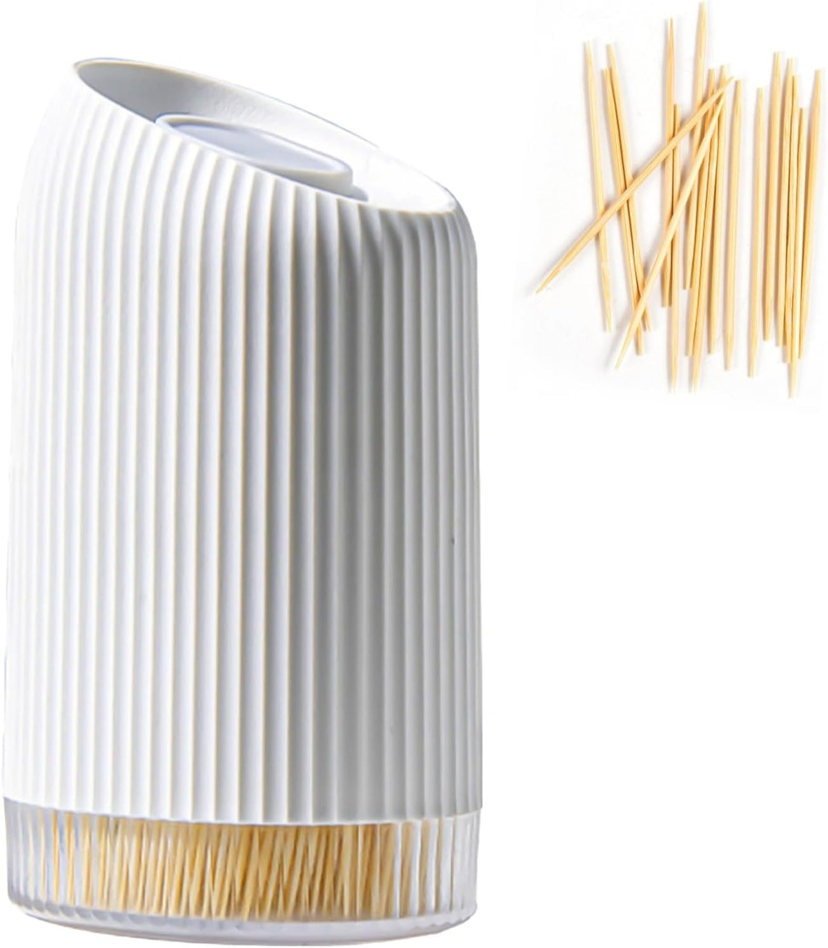Stylish and simple Toothpick holder, Sturdy and Durable Toothpick Dispenser with 300 Natural Bamboo Toothpicks for Kitchen and Restaurant Tabletop, Pure White
