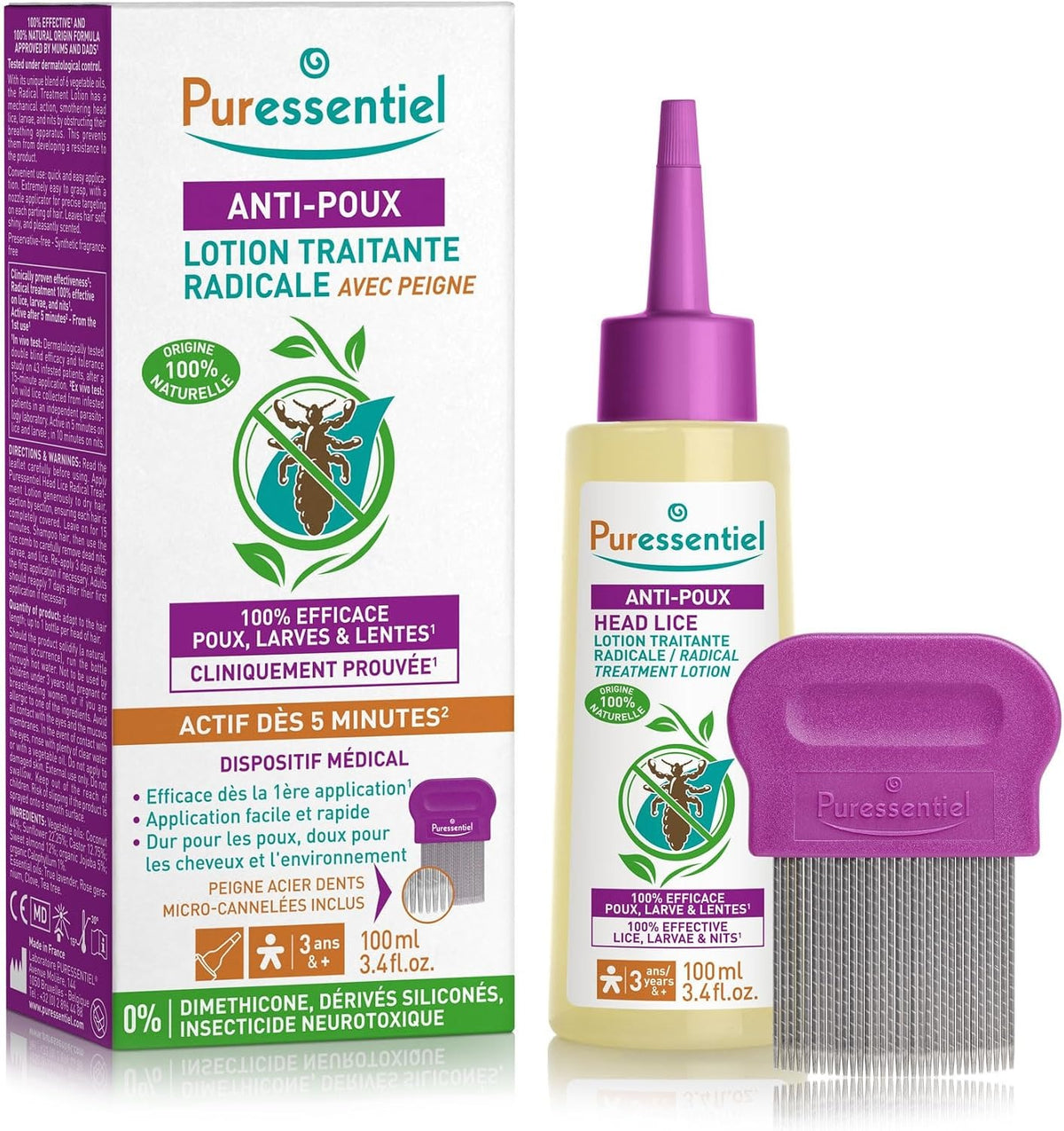 Puressentiel Anti-Lice Treatment Lotion and Comb 100 ml - Head lice lotion, 100% natural origin, proven efficacy in 10 minutes, micro-grooved comb