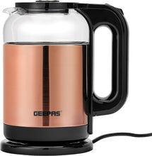 Pink glass electric kettle with black handle and base, chrome spout and lid
