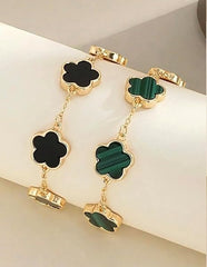 Clover and Flower Pendant Bracelet Set, Gold-Tone Chain, Blue and White, Delicate Luxury Women's Jewellery, 2 Pieces (Green & Black)