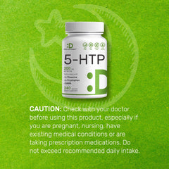 DEAL SUPPLEMENT white bottle of 5-HTP supplement UAE 200 mg 240 capsules on green background with moon icon