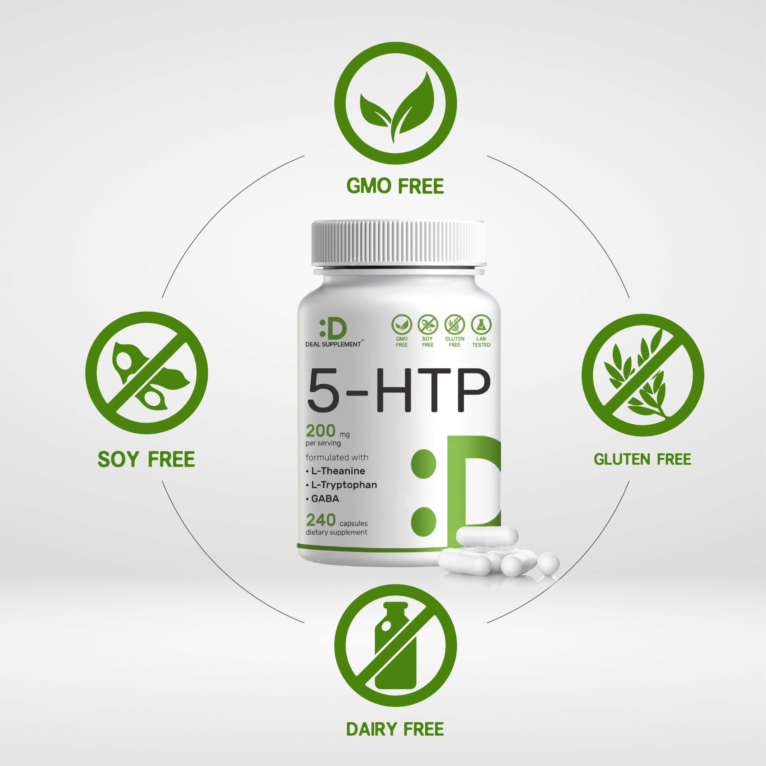 DEAL SUPPLEMENT 5-HTP supplement UAE white bottle with capsules and GMO soy dairy gluten free icons